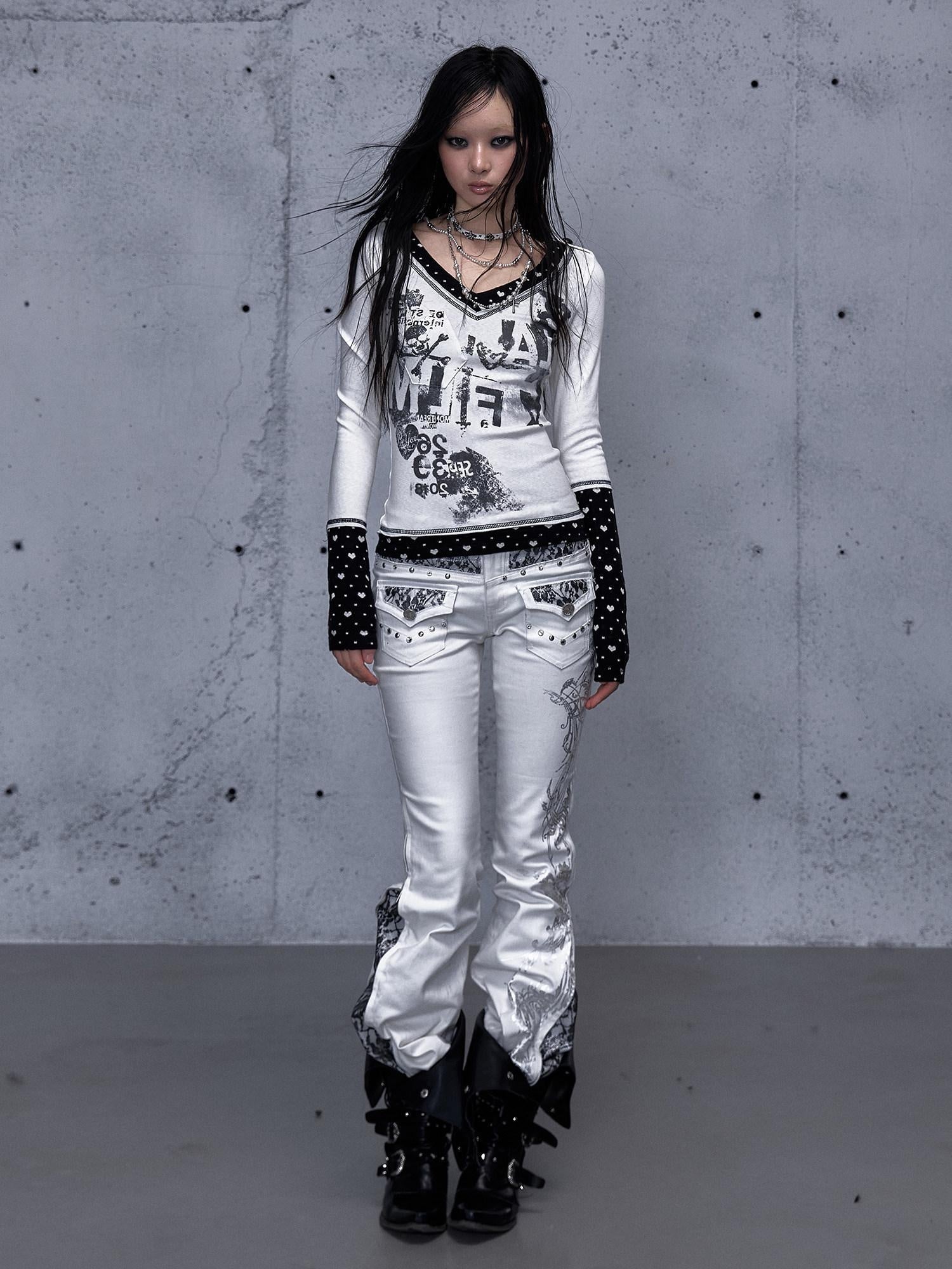 NO ROMANCE Waist Cinching Retro V Neck Patchwork Long Sleeve Women Letter Print T-Shirt