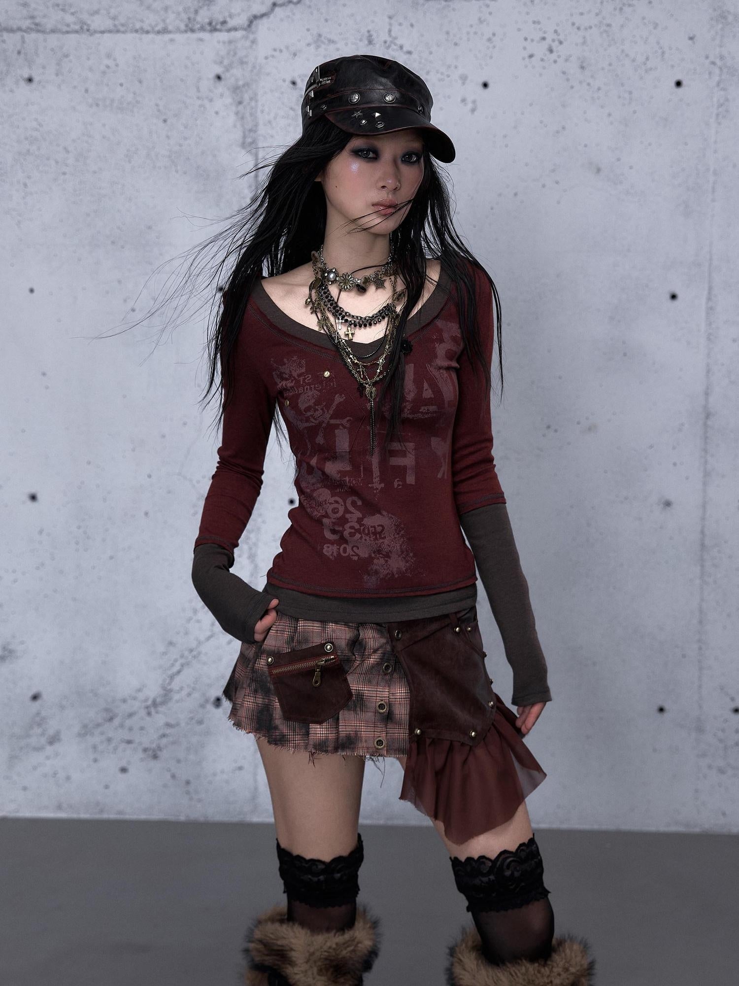 NO ROMANCE Waist Cinching Retro V Neck Patchwork Long Sleeve Women Letter Print T-Shirt