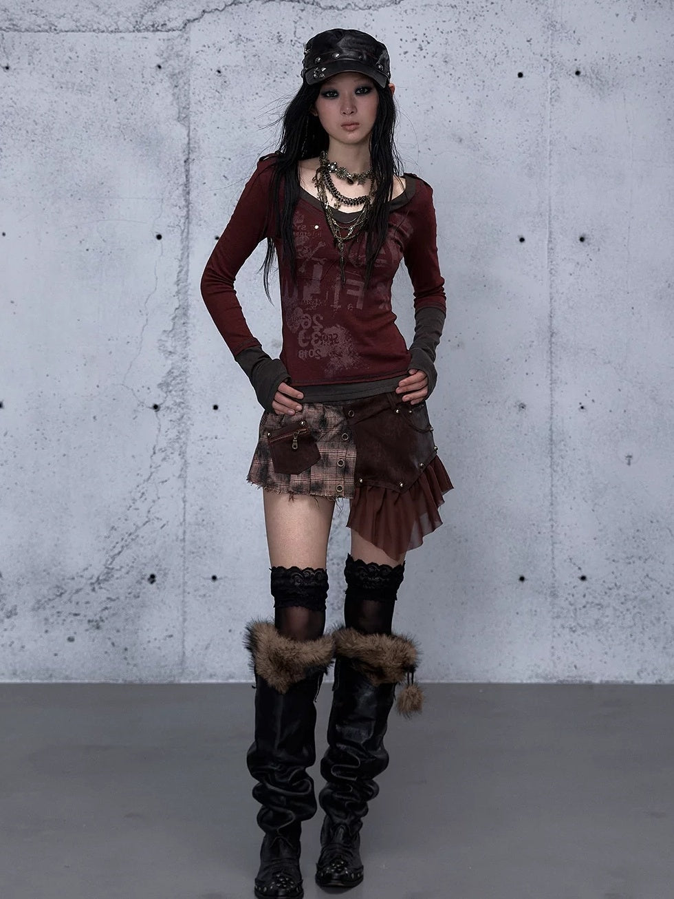 NO ROMANCE Waist Cinching Retro V Neck Patchwork Long Sleeve Women Letter Print T-Shirt