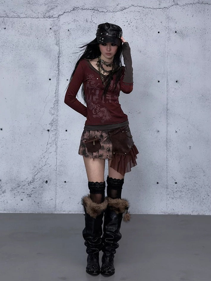 NO ROMANCE Waist Cinching Retro V Neck Patchwork Long Sleeve Women Letter Print T-Shirt