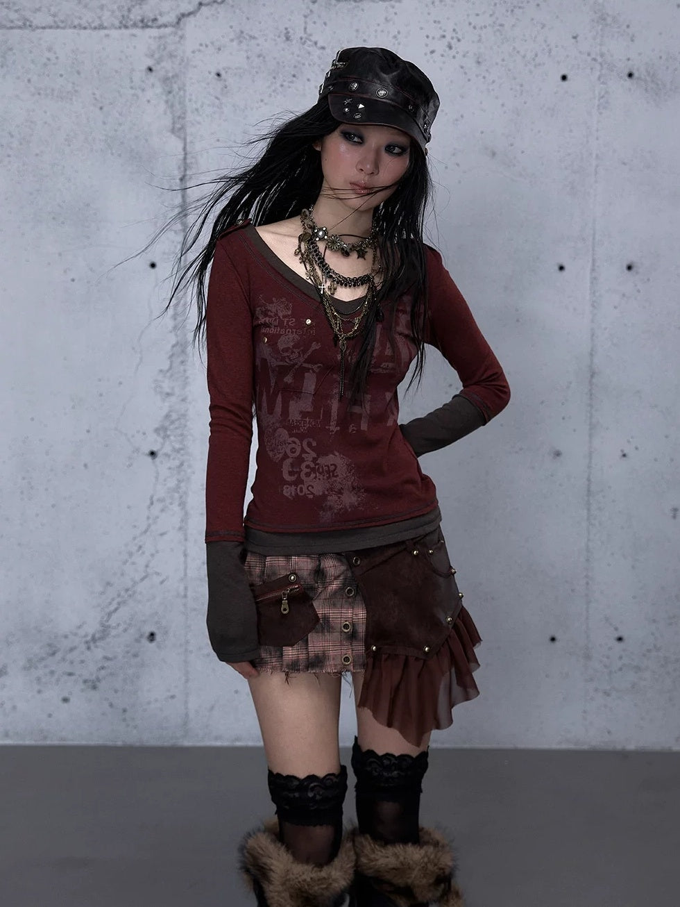 NO ROMANCE Waist Cinching Retro V Neck Patchwork Long Sleeve Women Letter Print T-Shirt