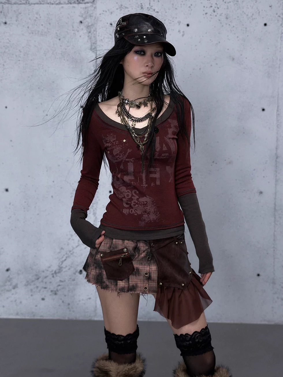 NO ROMANCE Waist Cinching Retro V Neck Patchwork Long Sleeve Women Letter Print T-Shirt