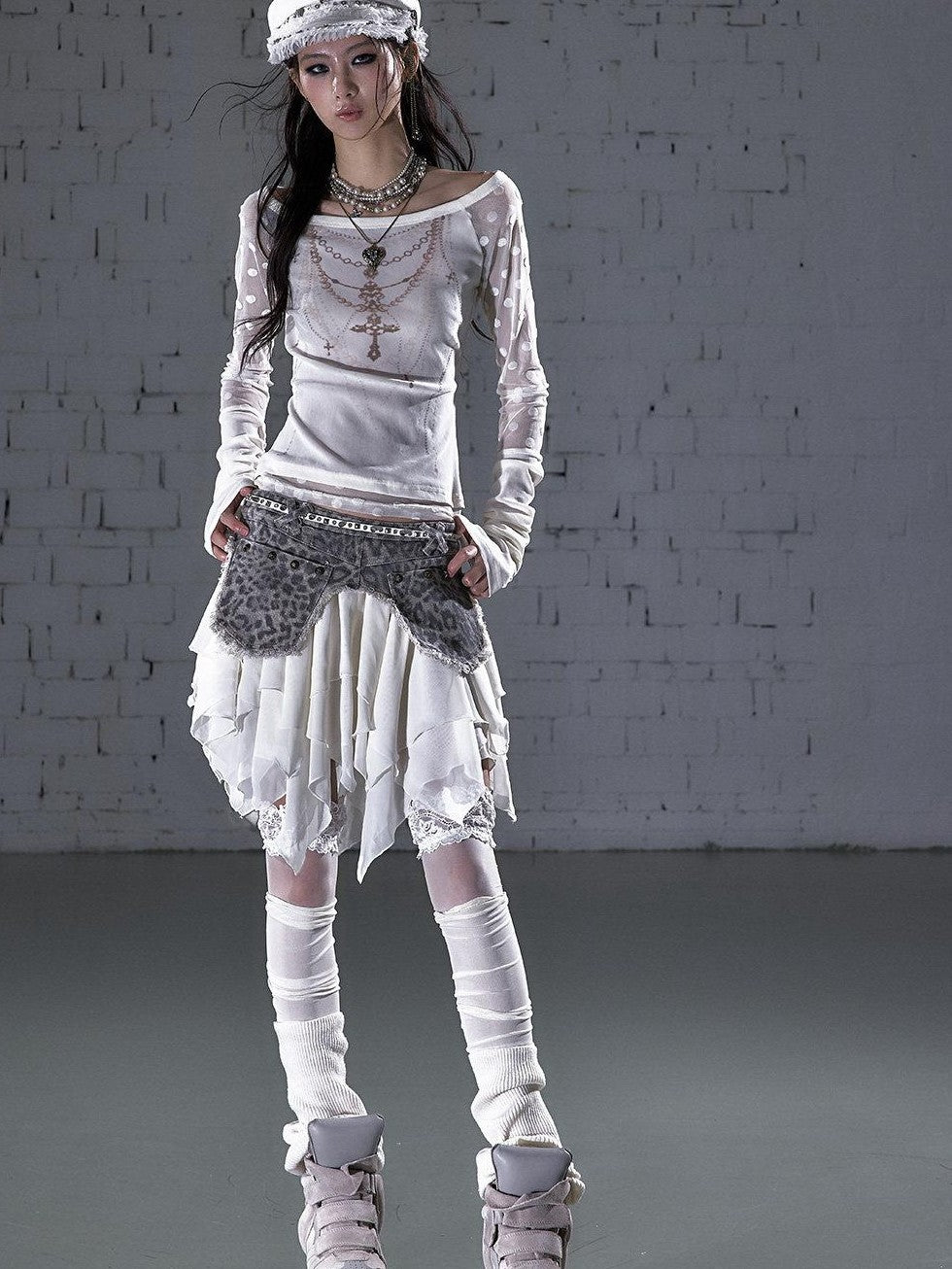 NO ROMANCE Washed Frayed Patchwork Asymmetrical Reversible Women&
