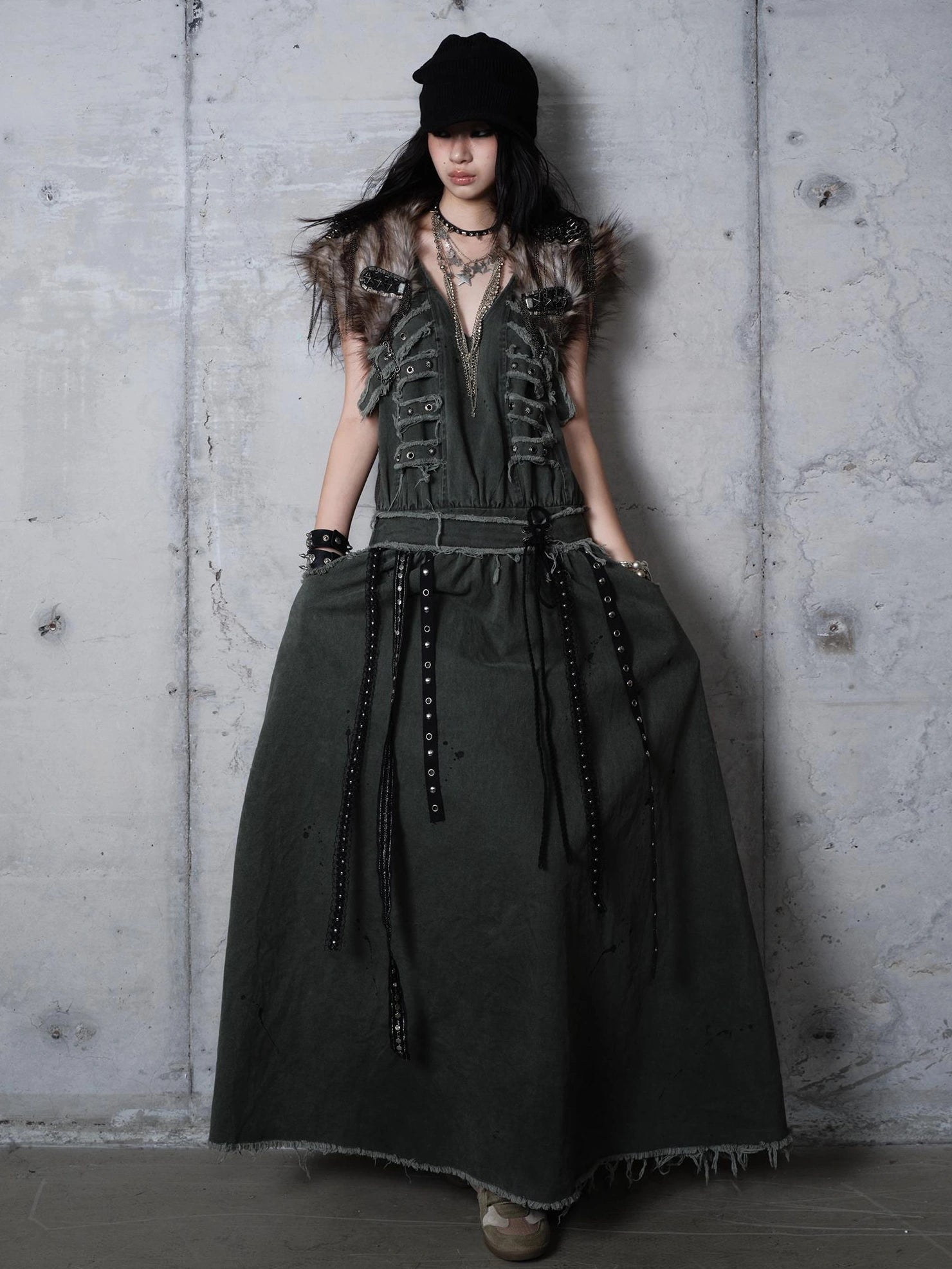 NO ROMANCE Washed Green Punk A Line Relaxed Fit With Pockets Women Casual Skirt