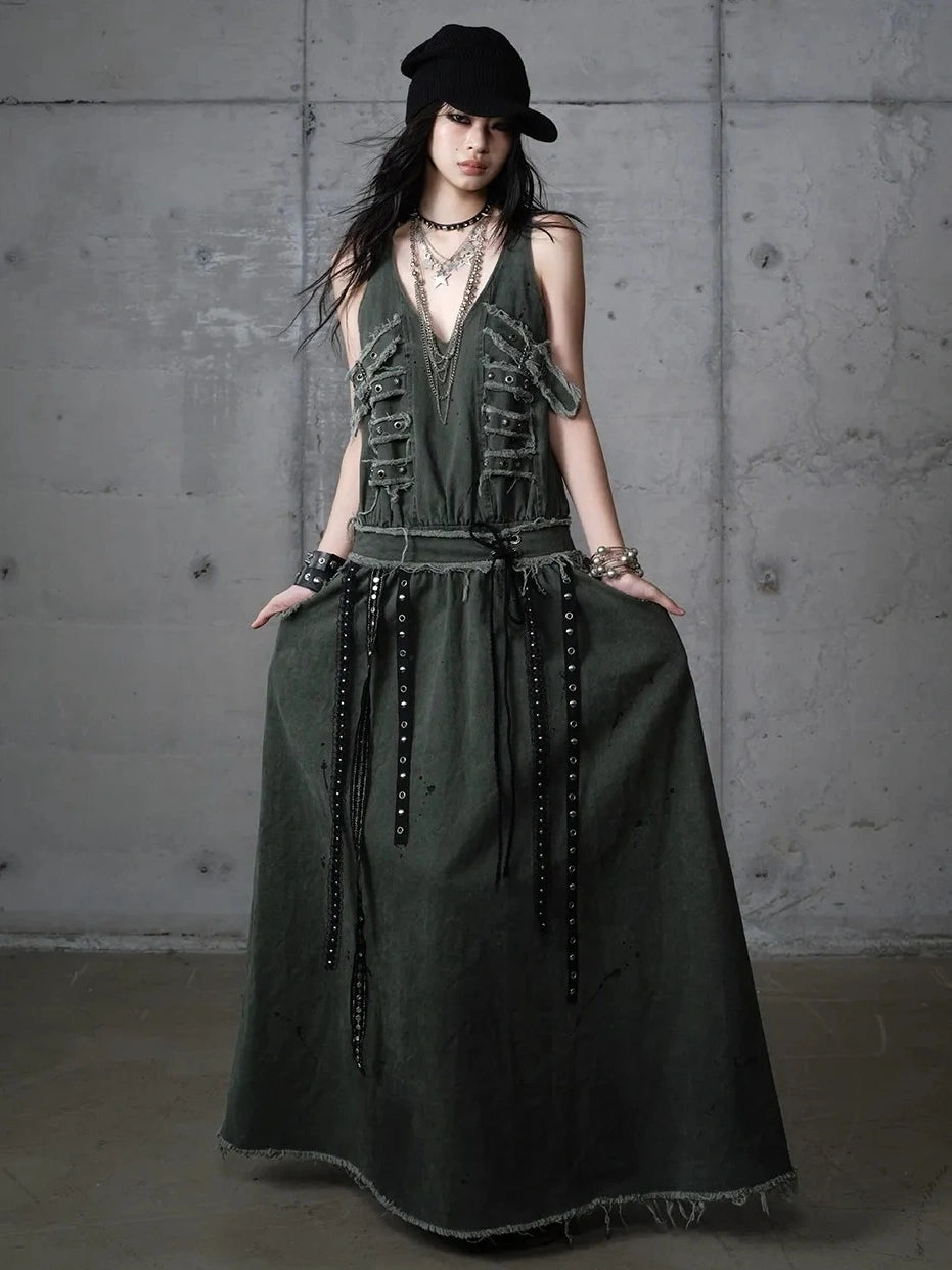 NO ROMANCE Washed Green Punk A Line Relaxed Fit With Pockets Women Casual Skirt