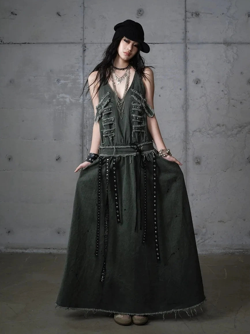 NO ROMANCE Washed Green Punk A Line Relaxed Fit With Pockets Women Casual Skirt