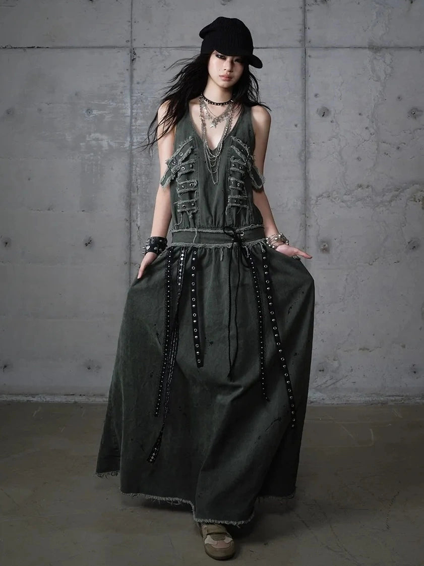 NO ROMANCE Washed Green Punk A Line Relaxed Fit With Pockets Women Casual Skirt