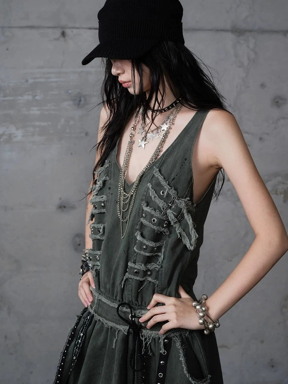 NO ROMANCE Washed Green Punk A Line Relaxed Fit With Pockets Women Casual Skirt