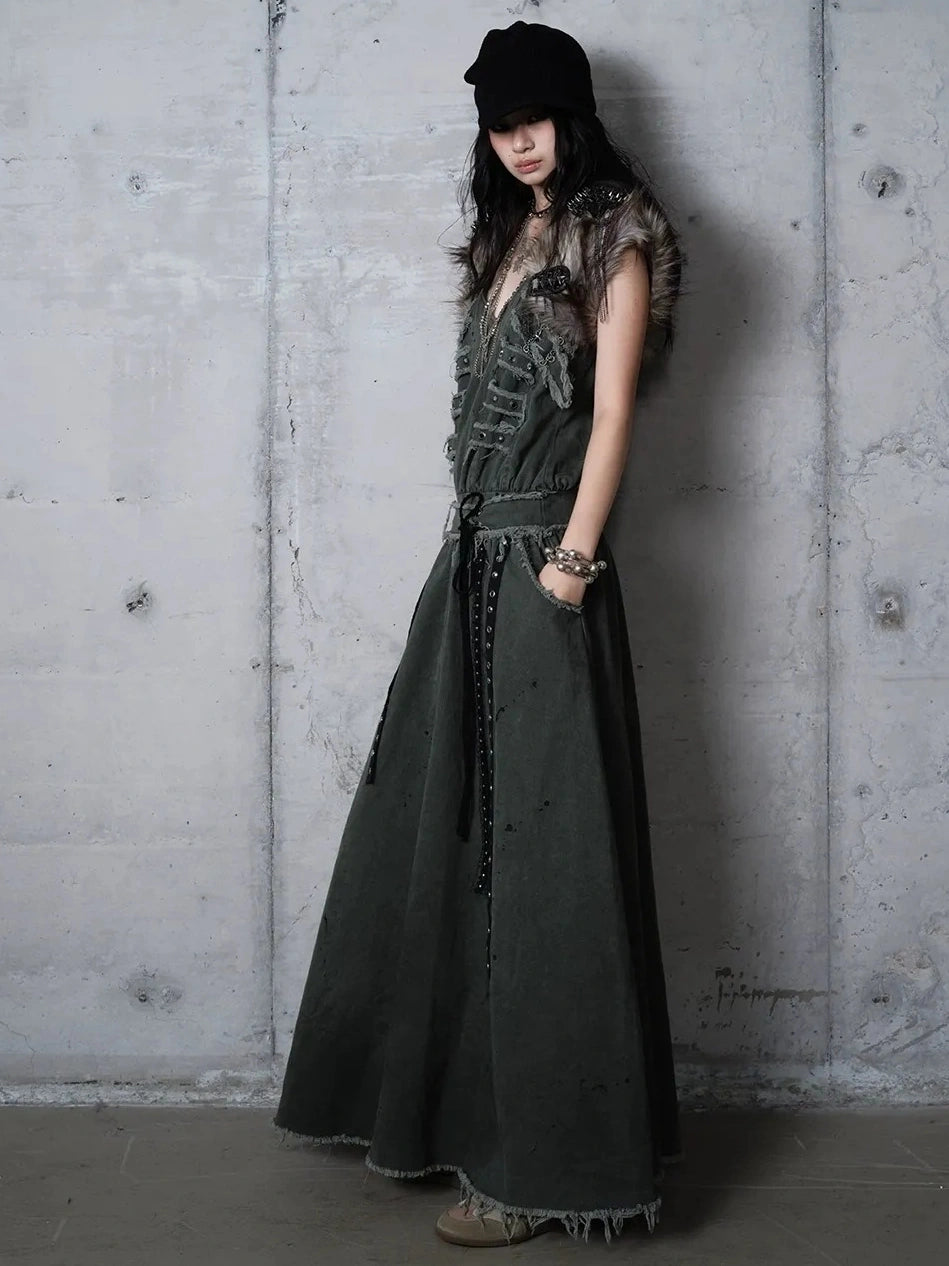 NO ROMANCE Washed Green Punk A Line Relaxed Fit With Pockets Women Casual Skirt