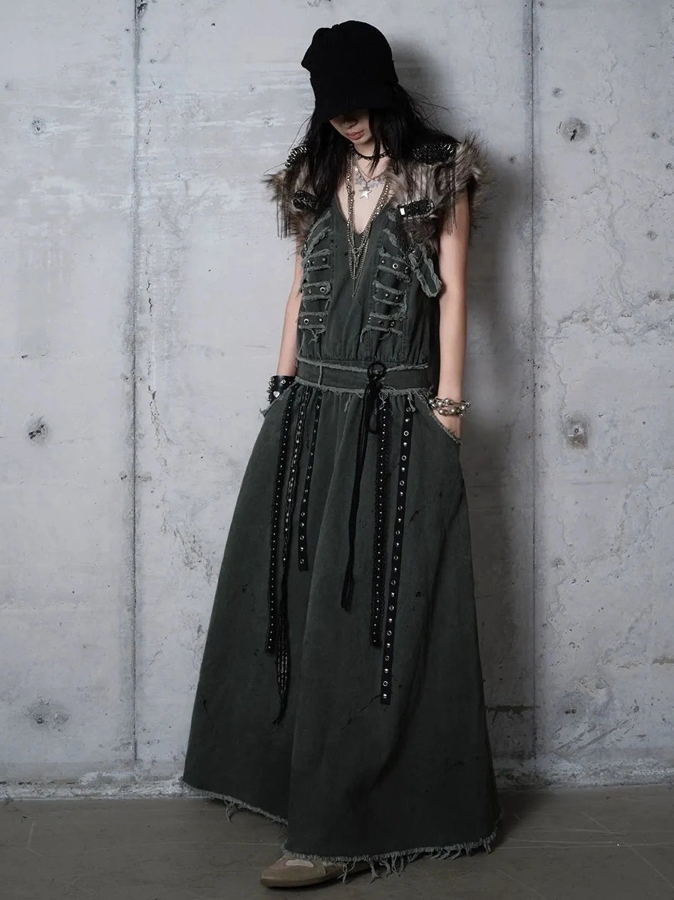 NO ROMANCE Washed Green Punk A Line Relaxed Fit With Pockets Women Casual Skirt