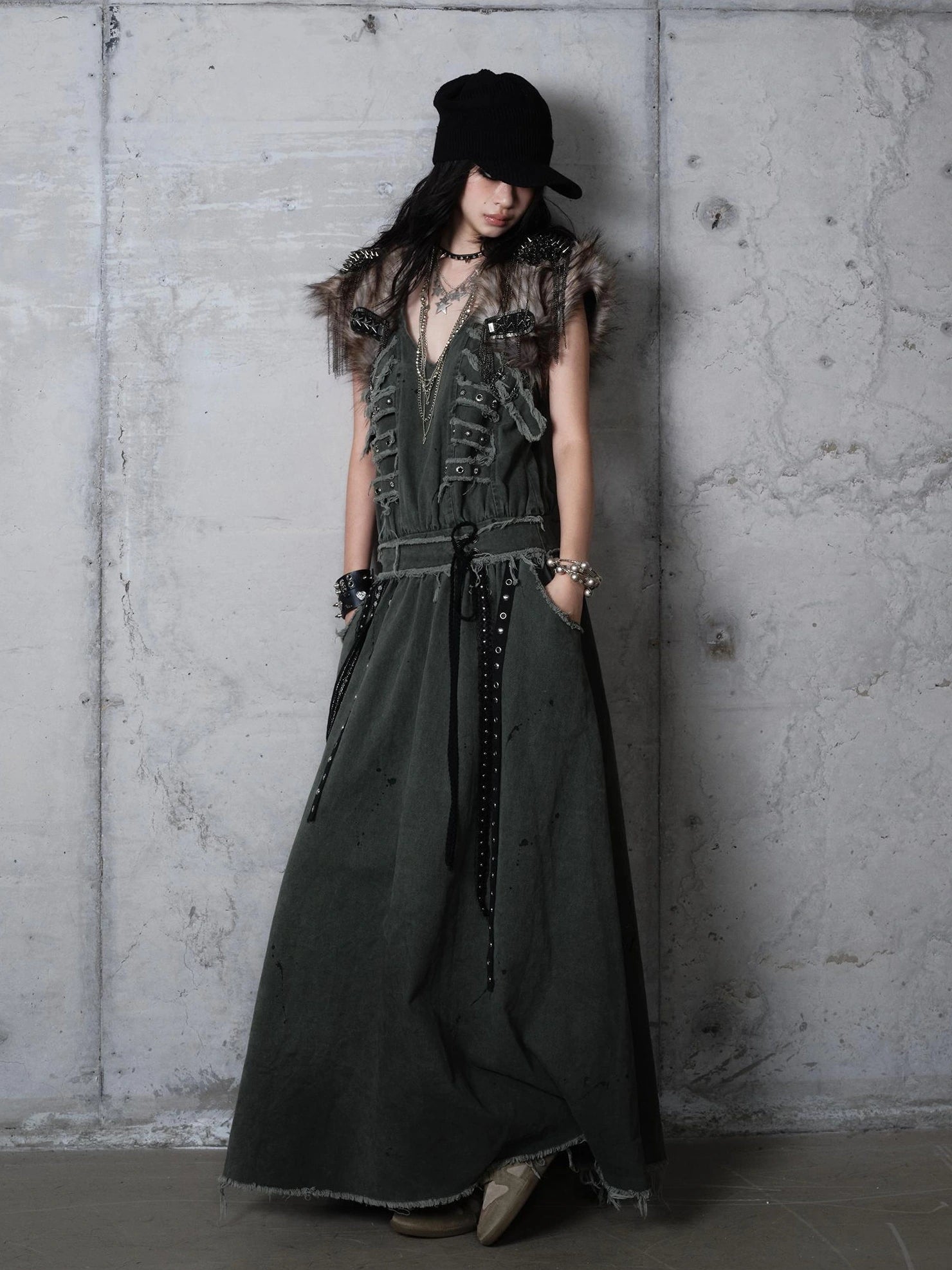 NO ROMANCE Washed Green Punk A Line Relaxed Fit With Pockets Women Casual Skirt