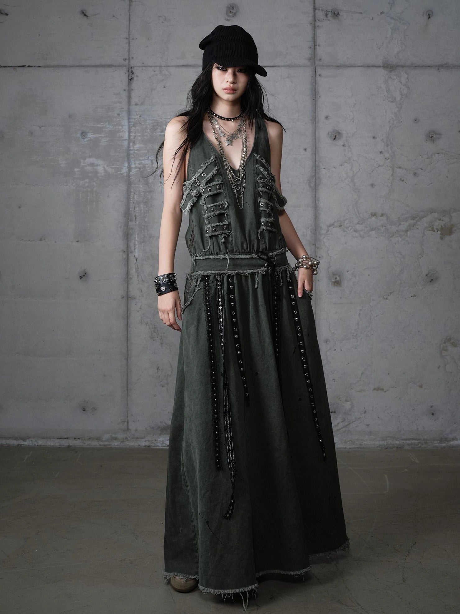 NO ROMANCE Washed Green Punk A Line Relaxed Fit With Pockets Women Casual Skirt