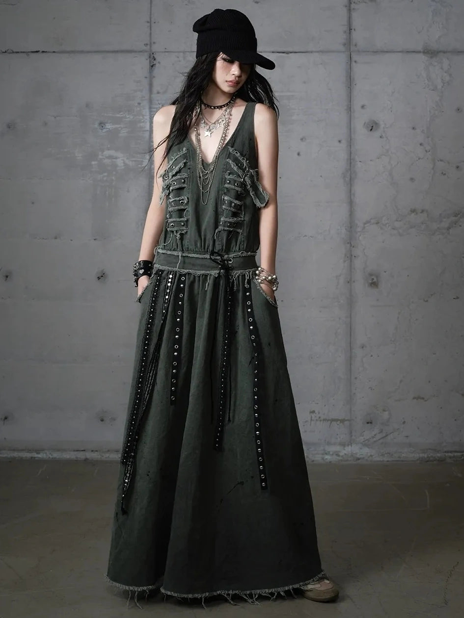 NO ROMANCE Washed Green Punk A Line Relaxed Fit With Pockets Women Casual Skirt