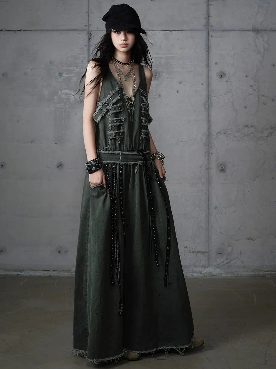 NO ROMANCE Washed Green Punk A Line Relaxed Fit With Pockets Women Casual Skirt