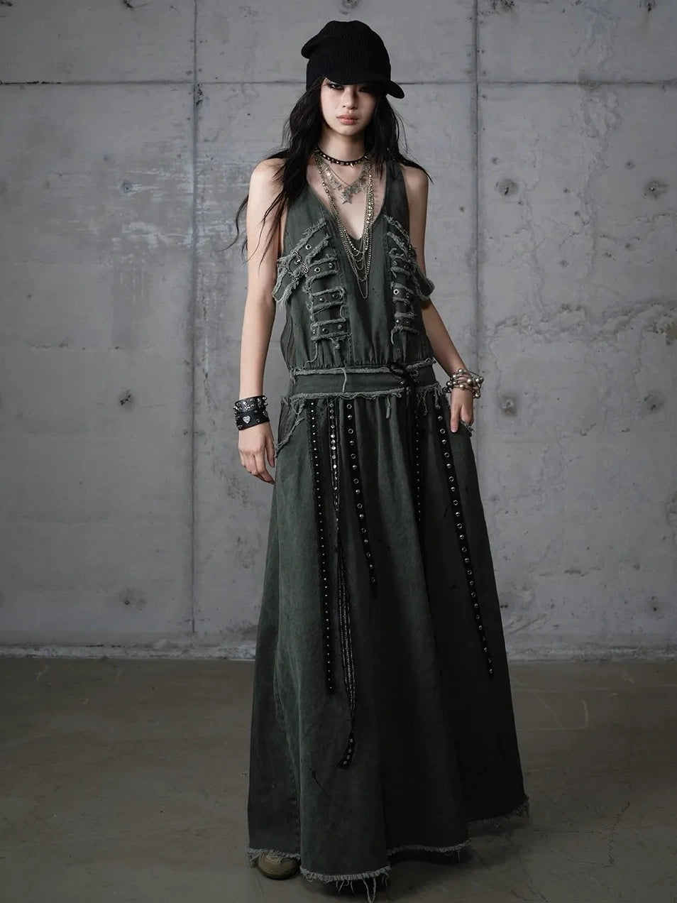 NO ROMANCE Washed Green Punk A Line Relaxed Fit With Pockets Women Casual Skirt