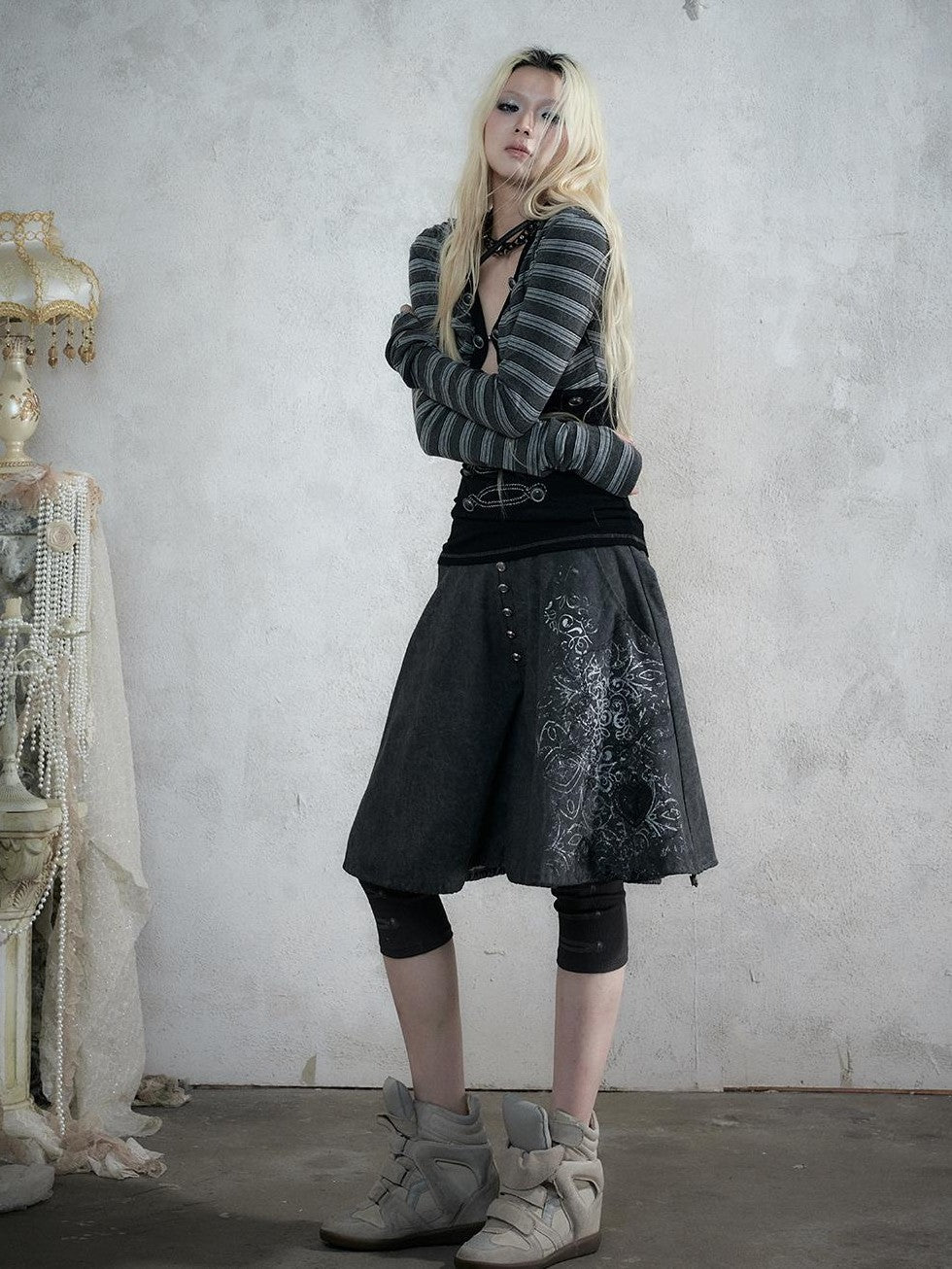 NO ROMANCE Washed Print Wide Leg Stretch Court Style Women&