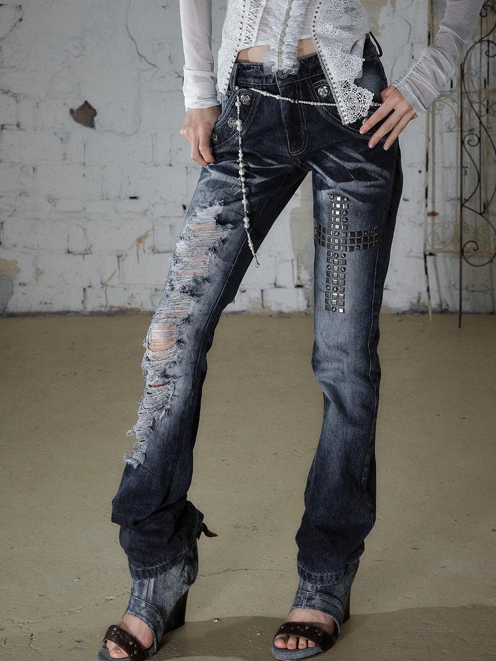 NO ROMANCE Washed Rhinestone Punk High Waist Women&