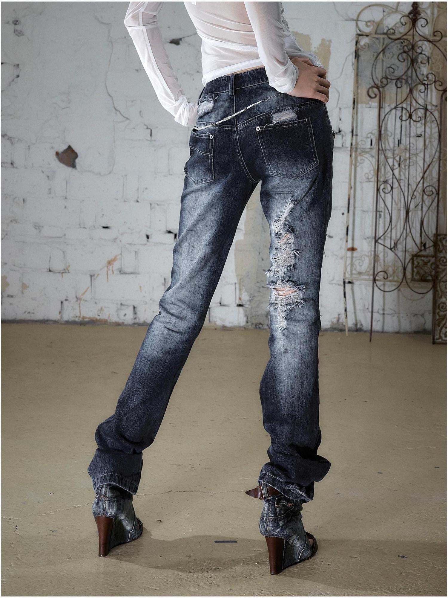 NO ROMANCE Washed Rhinestone Punk High Waist Women&