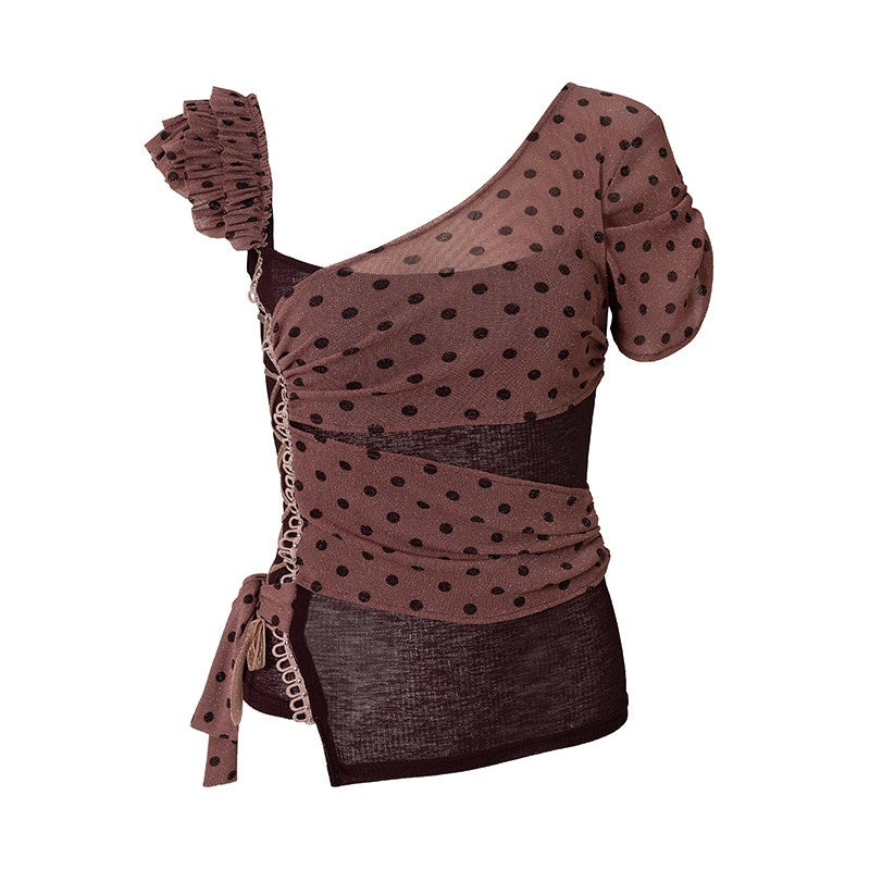 NO_ROMANCE_Y2k_Asymmetric_Tie_Low_Neck_Slim_Polka_Women&
