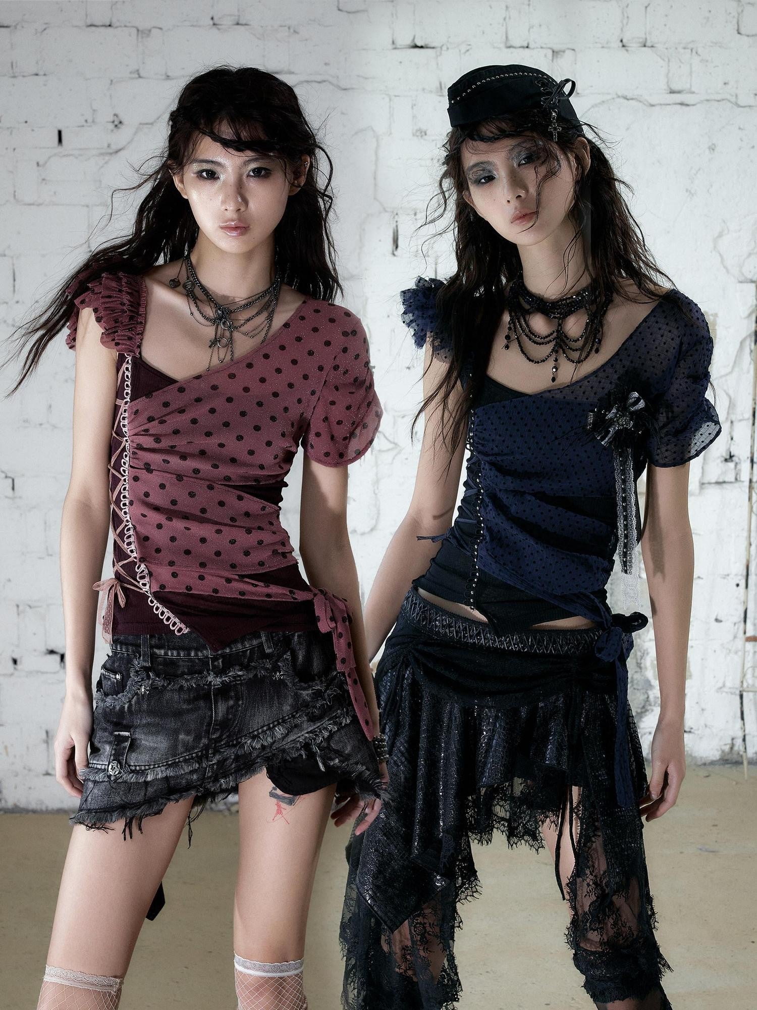 NO ROMANCE Y2k Asymmetric Tie Low Neck Slim Polka Women&