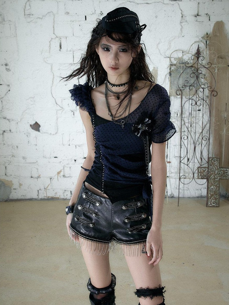 NO ROMANCE Y2k Asymmetric Tie Low Neck Slim Polka Women&