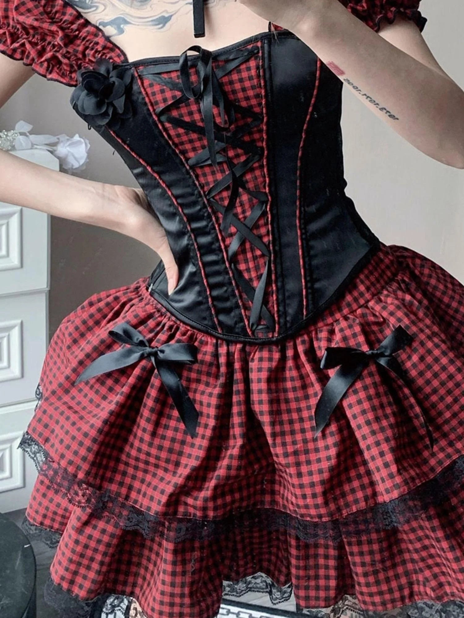 Nana Checkered Dress Set Black White Red Corset Top Slim Fit Look
