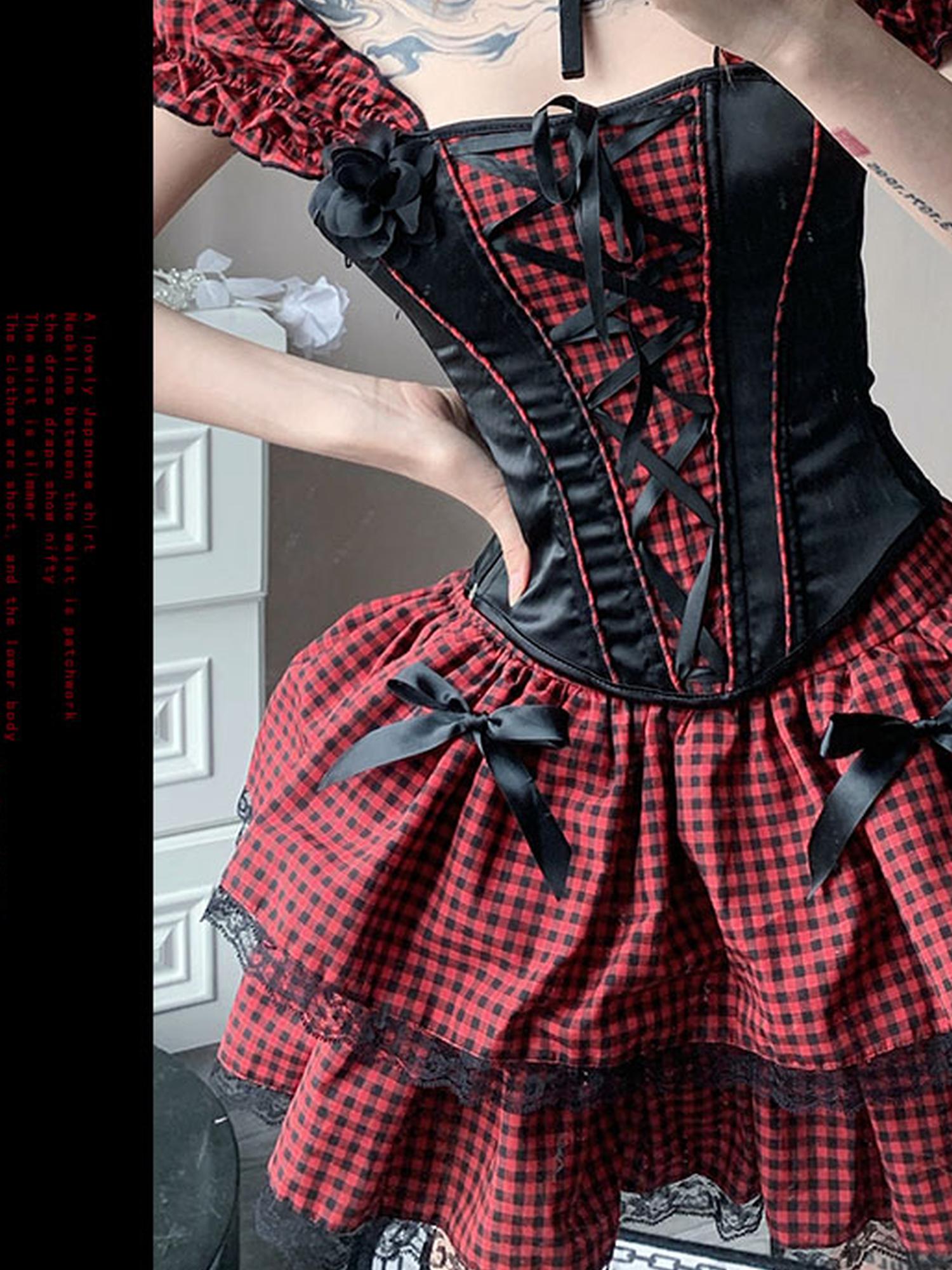 WSW WUSHENWU Nana Checkered Dress Set Black White Red Corset Top Slim Fit Look