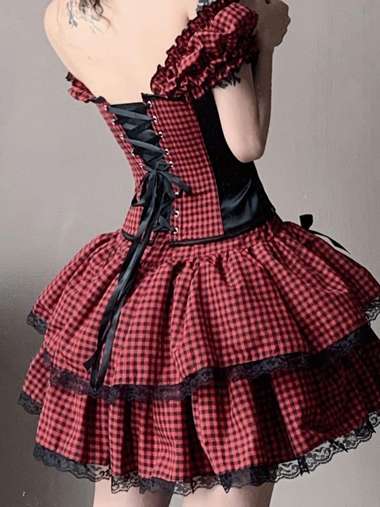 WSW WUSHENWU Nana Checkered Dress Set Black White Red Corset Top Slim Fit Look