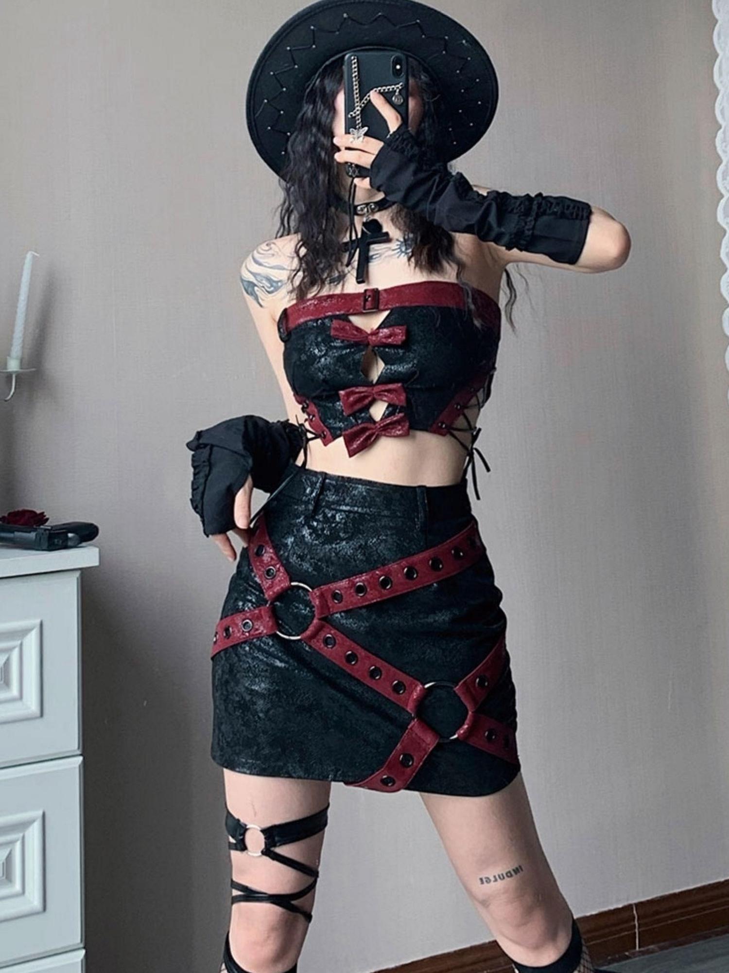 WSW WUSHENWU Napoleon Lock Leather Moto Skirt For Chic Riders