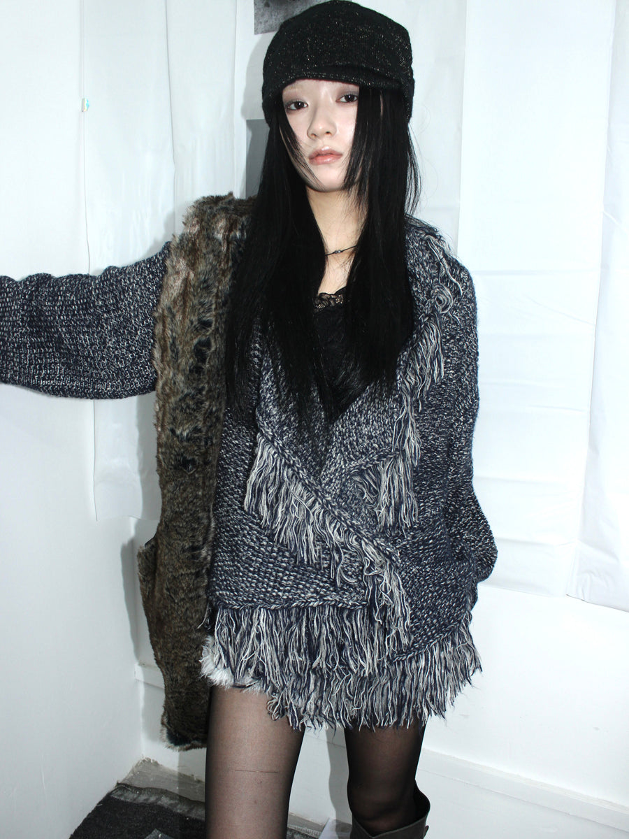 Updateang project Lightweight Tassel Cross Lapel Color Block Knit Cardigan