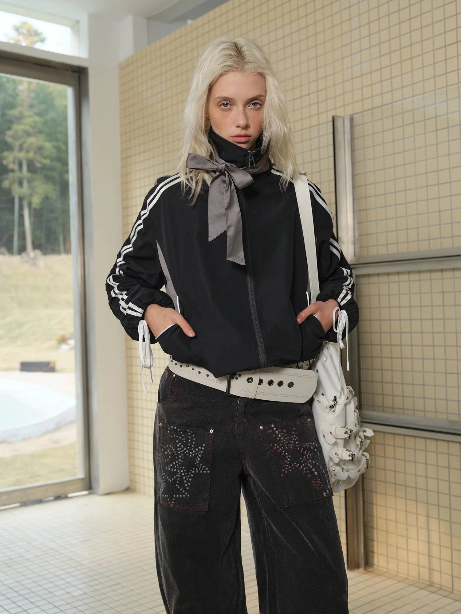 Vintage Satin Trim Bow Tie Jacket With Adjustable Drawstrings