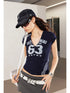 Vintage Distressed Number Print Fitted V-Neck T-Shirt