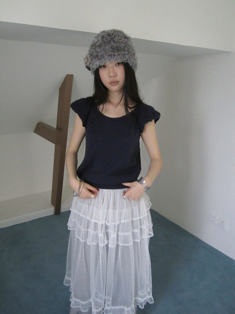 ang project Vintage Loose Knit Short Sleeve With Flutter Sleeves