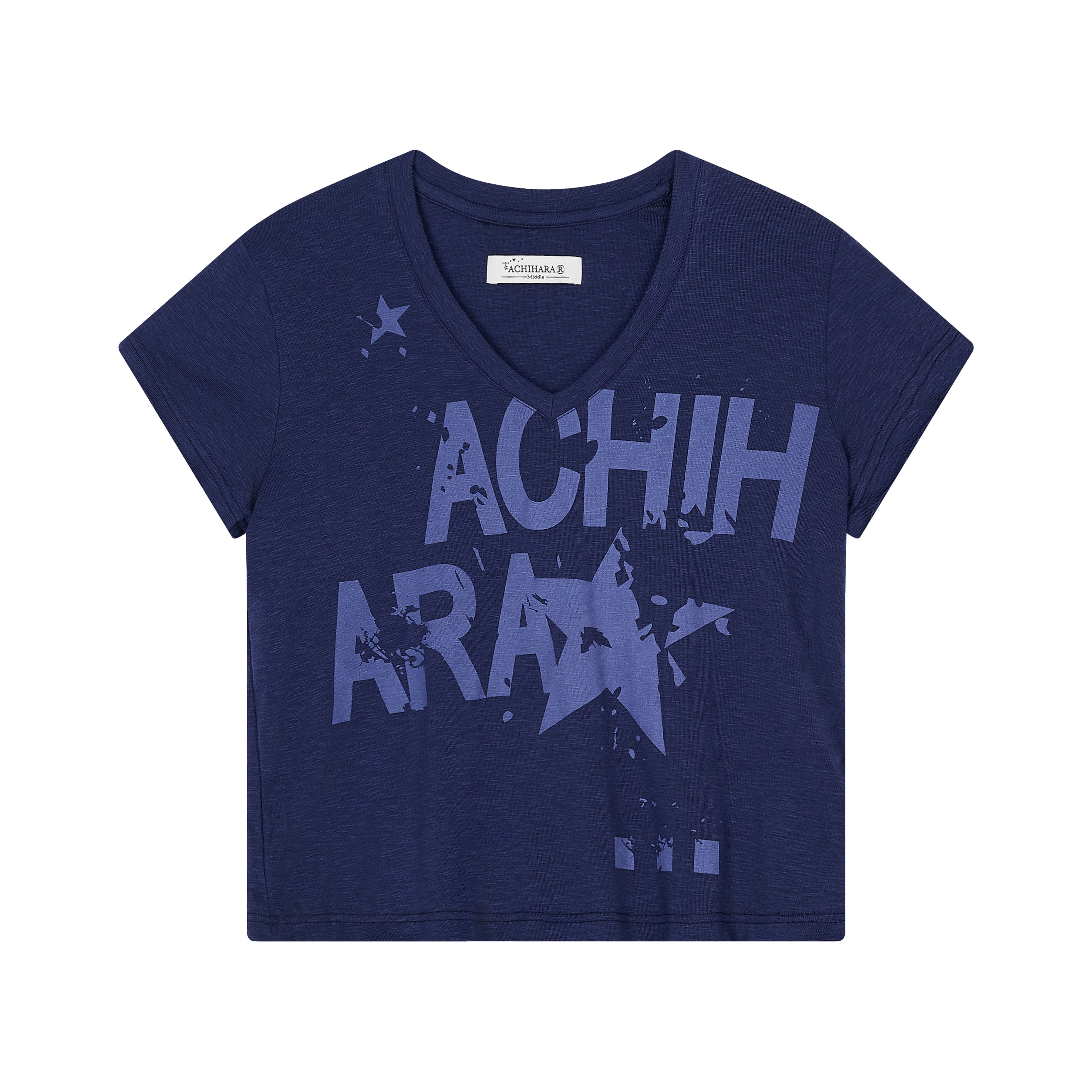 Achihara V-Neck Frayed Hem Cotton Tee With Melted Fruit Print