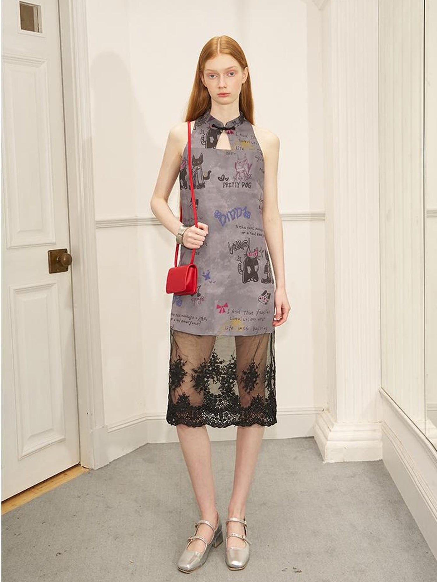 DIDDI MODA New Chinese Ink Doodle Lace Panel Qipao Dress