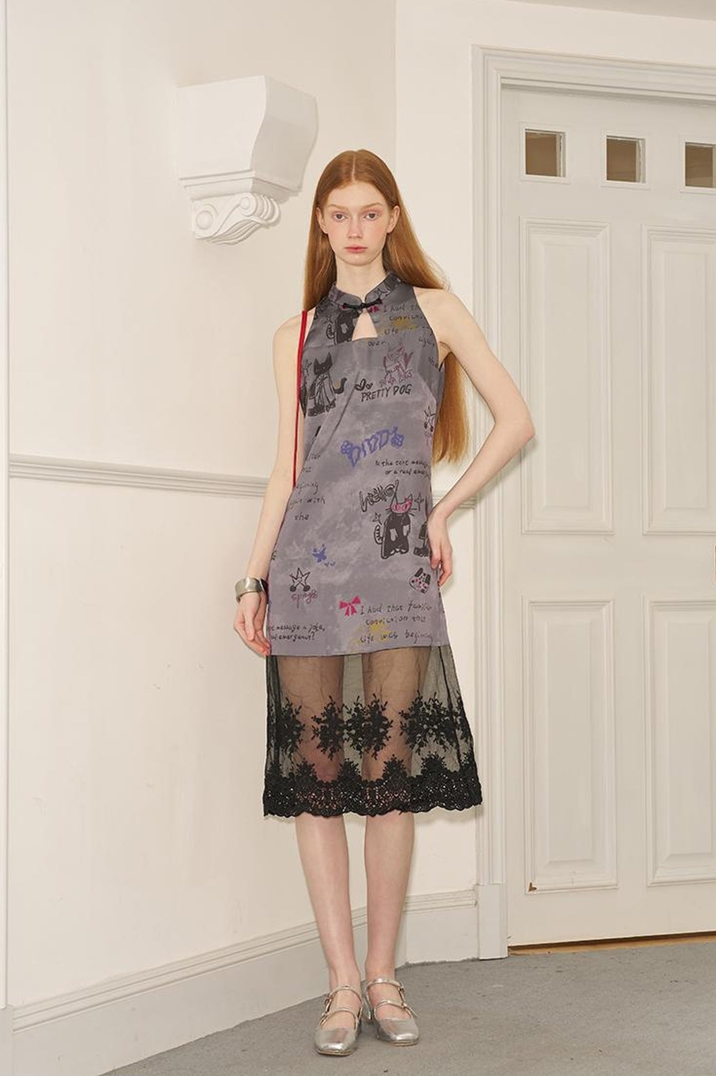 DIDDI MODA New Chinese Ink Doodle Lace Panel Qipao Dress