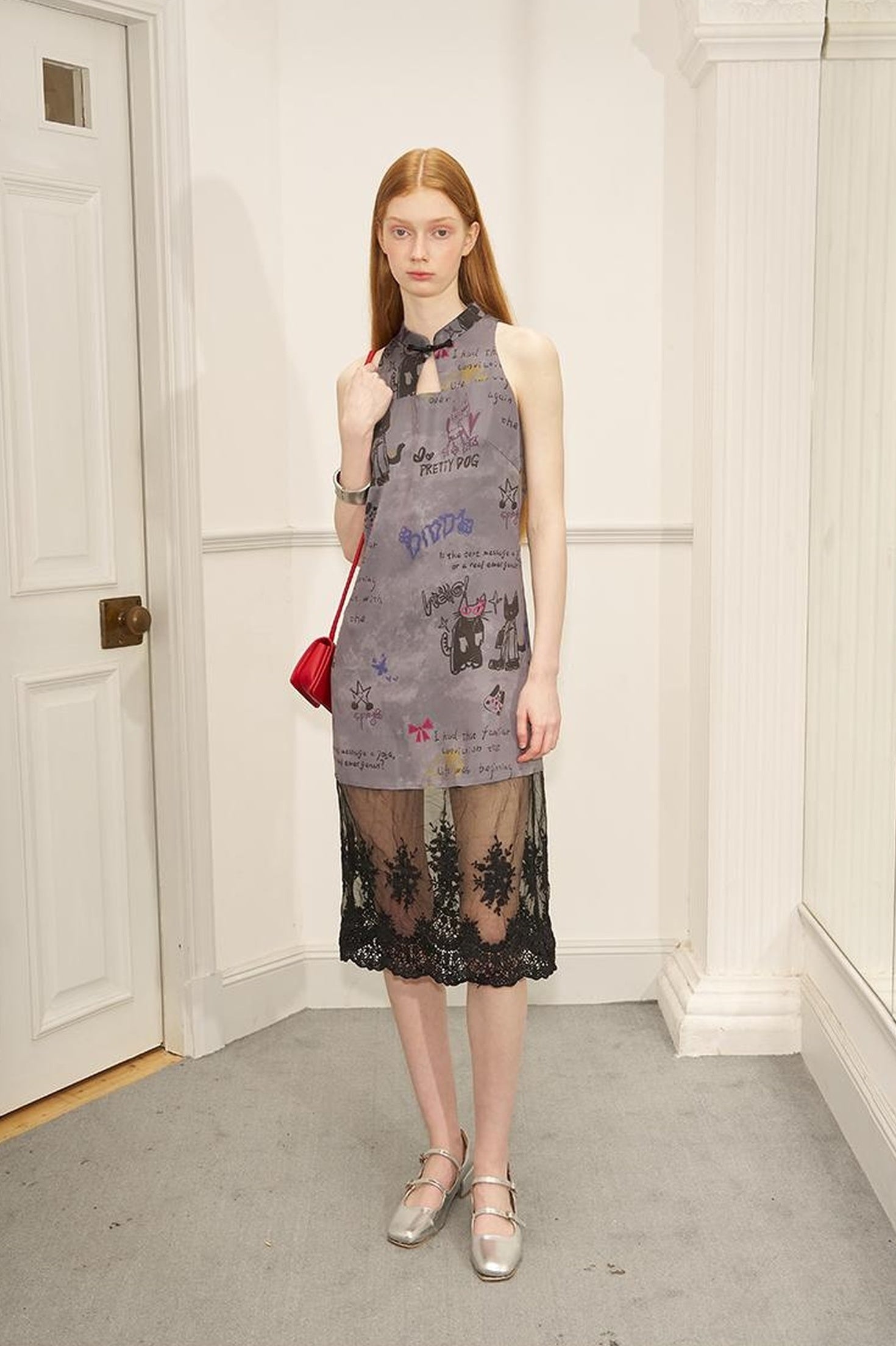 DIDDI MODA New Chinese Ink Doodle Lace Panel Qipao Dress