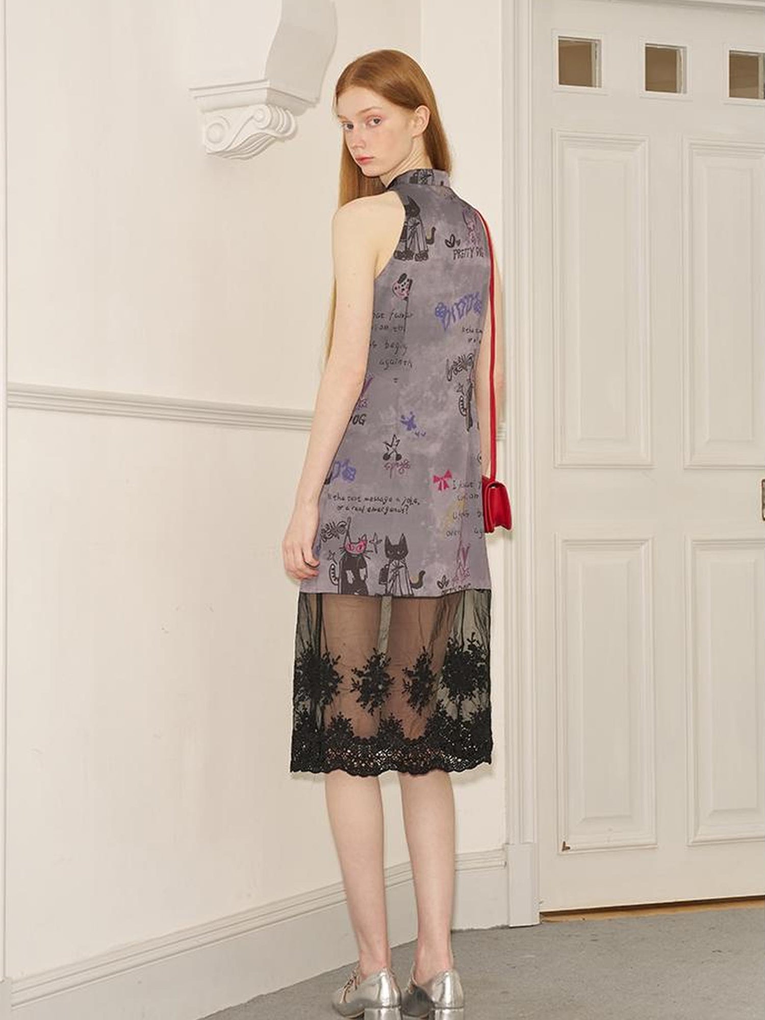 DIDDI MODA New Chinese Ink Doodle Lace Panel Qipao Dress