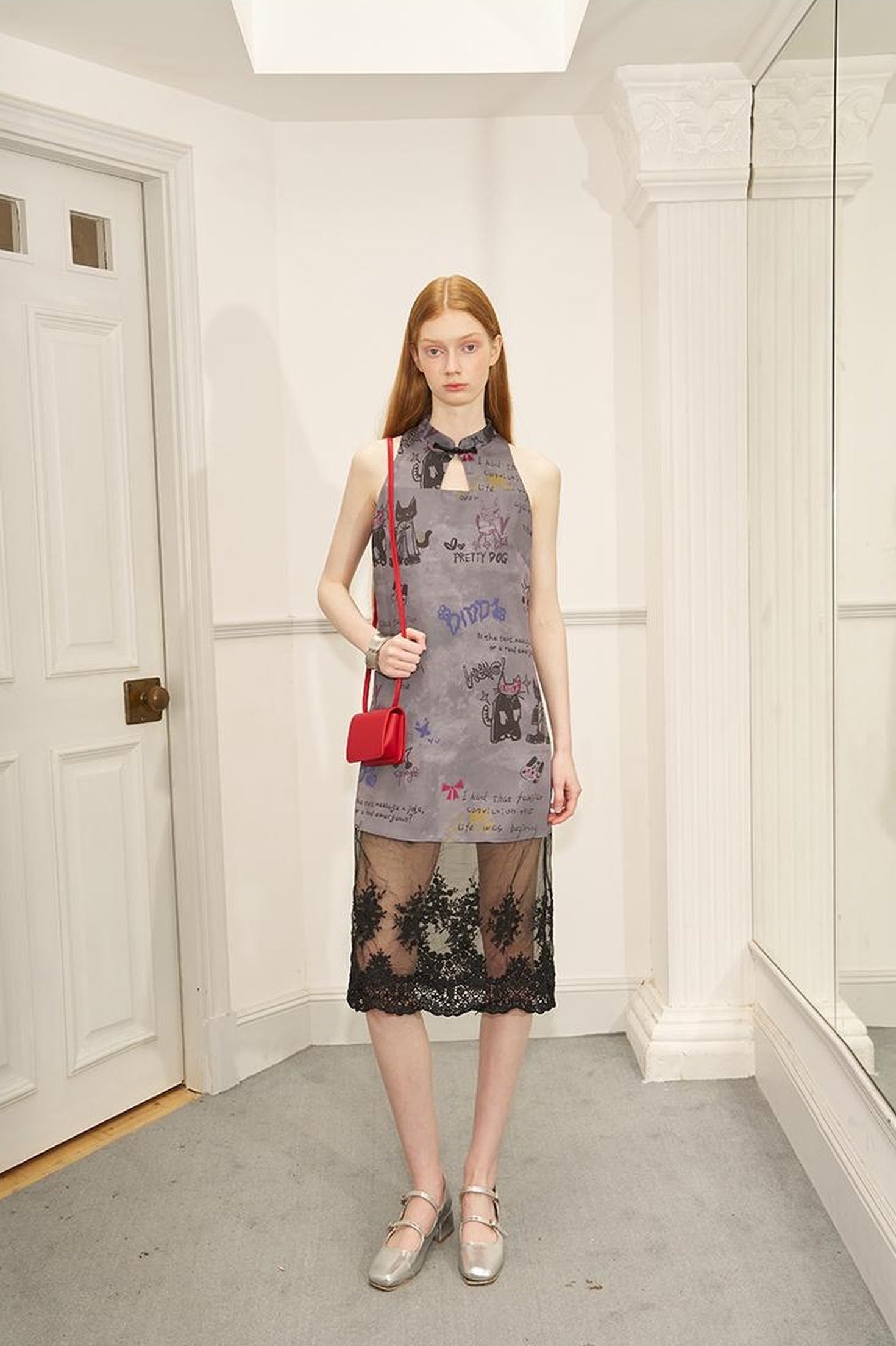 DIDDI MODA New Chinese Ink Doodle Lace Panel Qipao Dress