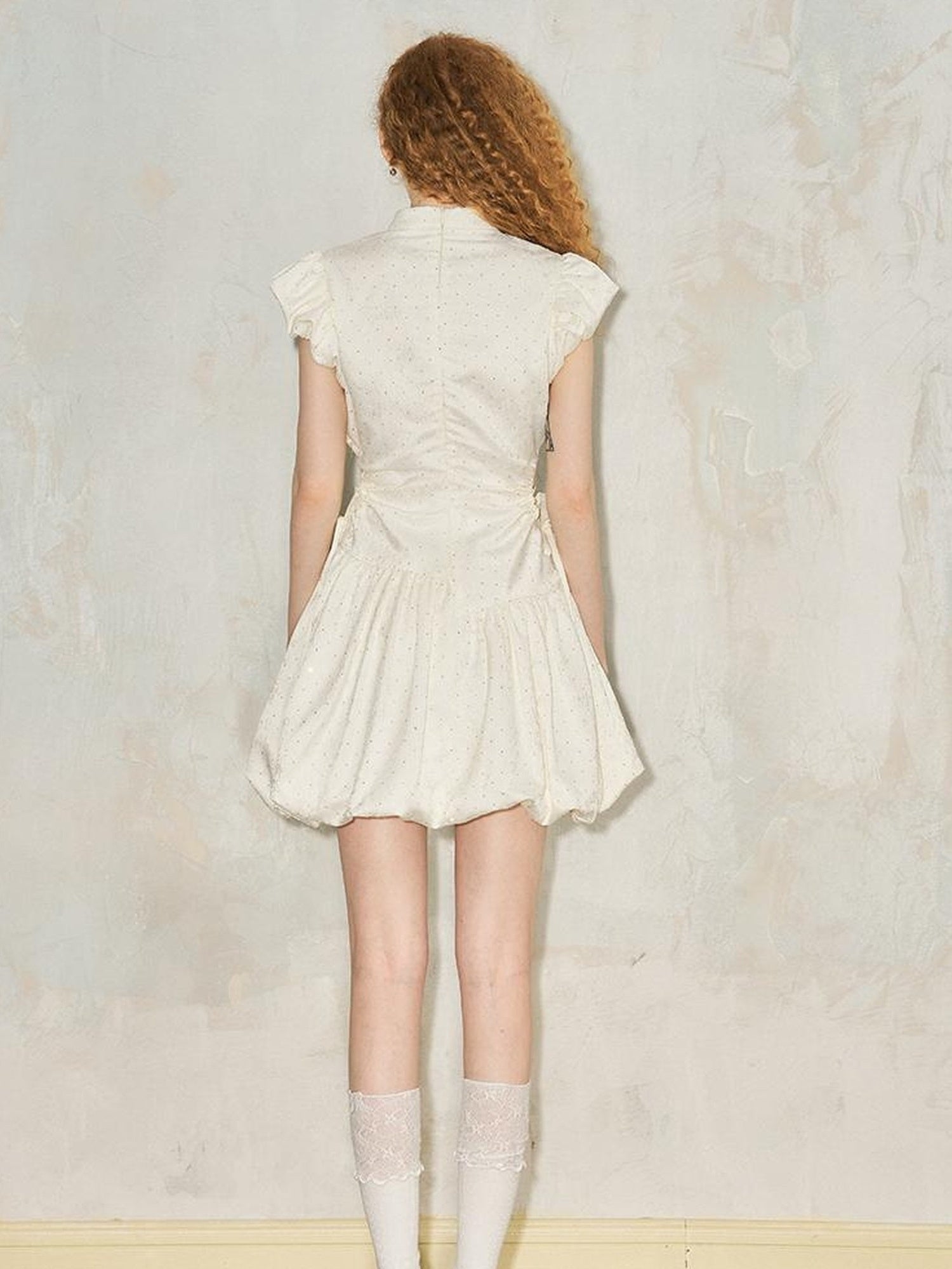 DIDDI MODA New Chinese Knot Bubble Sleeve Hollow Waist Ruffle Dress