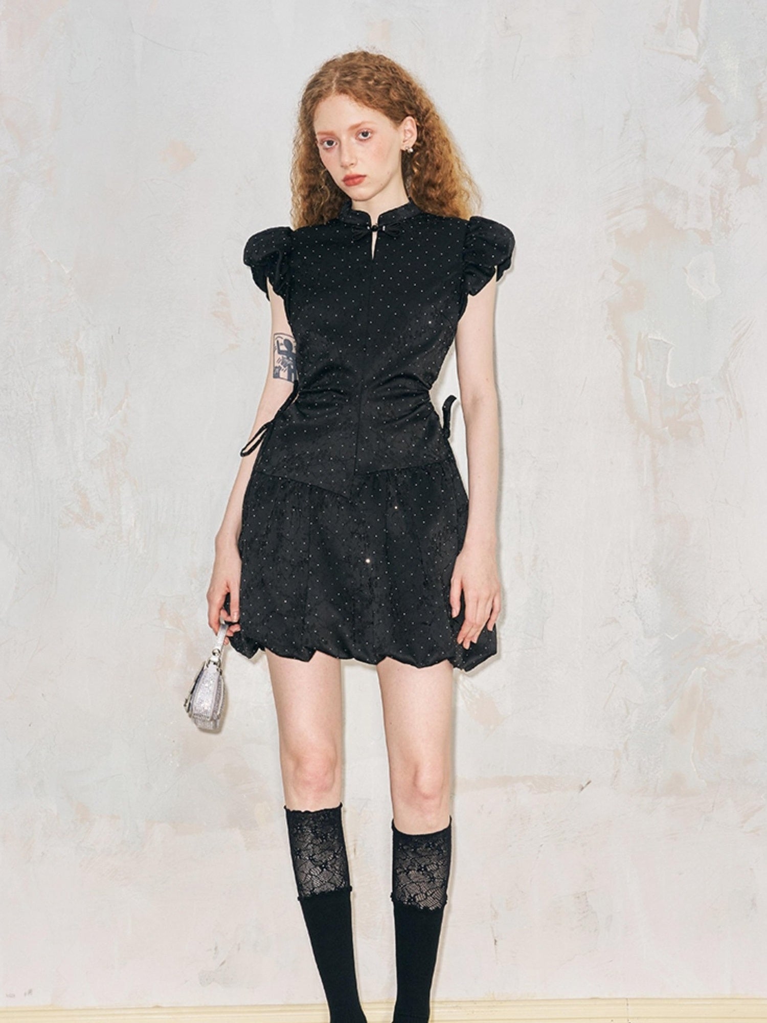 DIDDI MODA New Chinese Knot Bubble Sleeve Hollow Waist Ruffle Dress