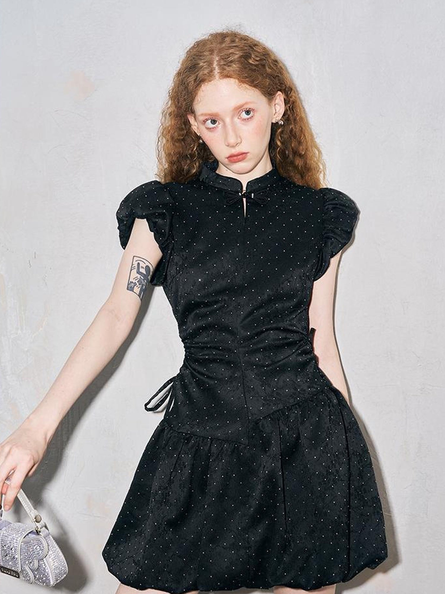 DIDDI MODA New Chinese Knot Bubble Sleeve Hollow Waist Ruffle Dress