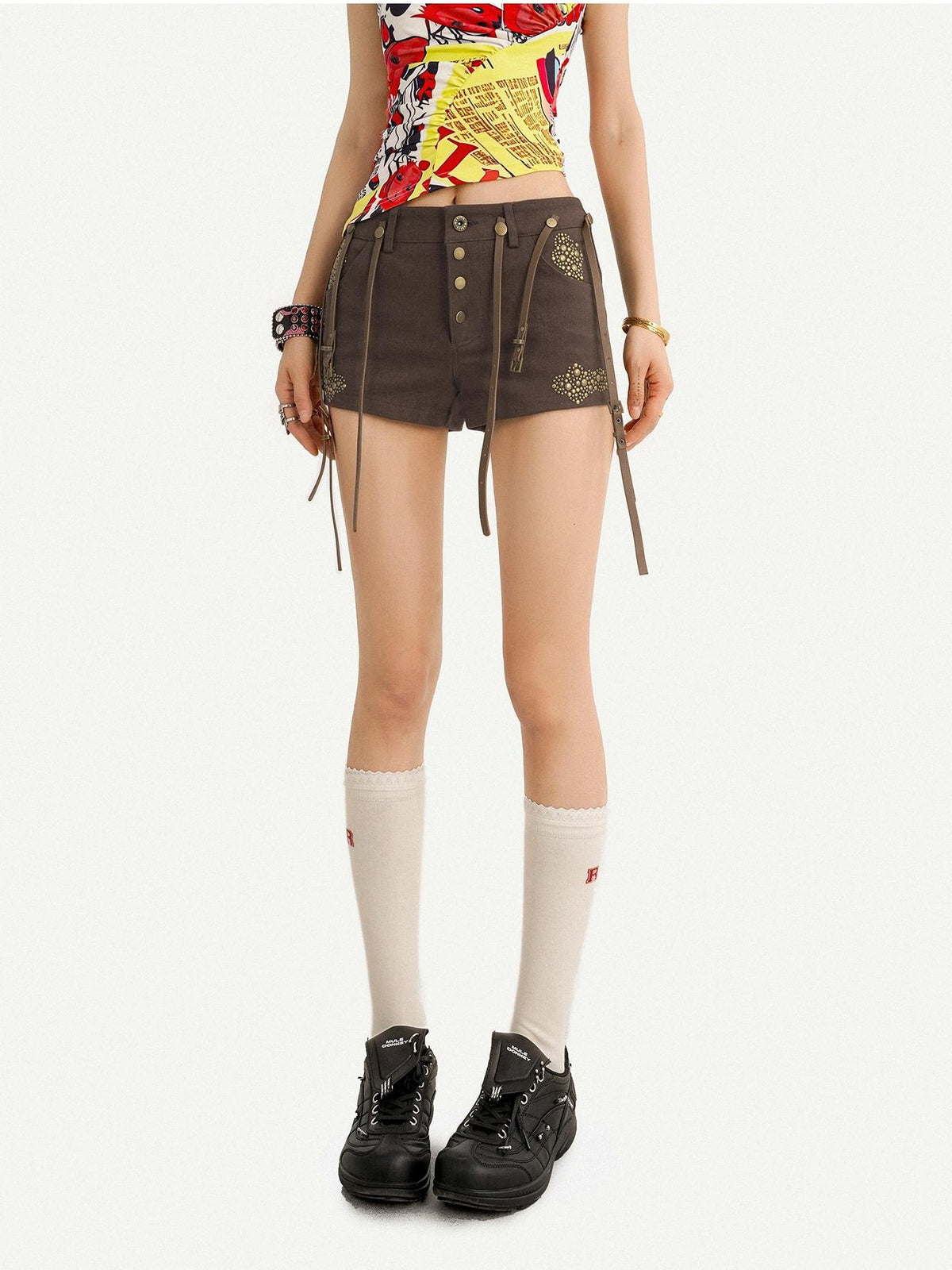Nico Molly American Retro Low Waist Metal Buckle Lace Up Women&
