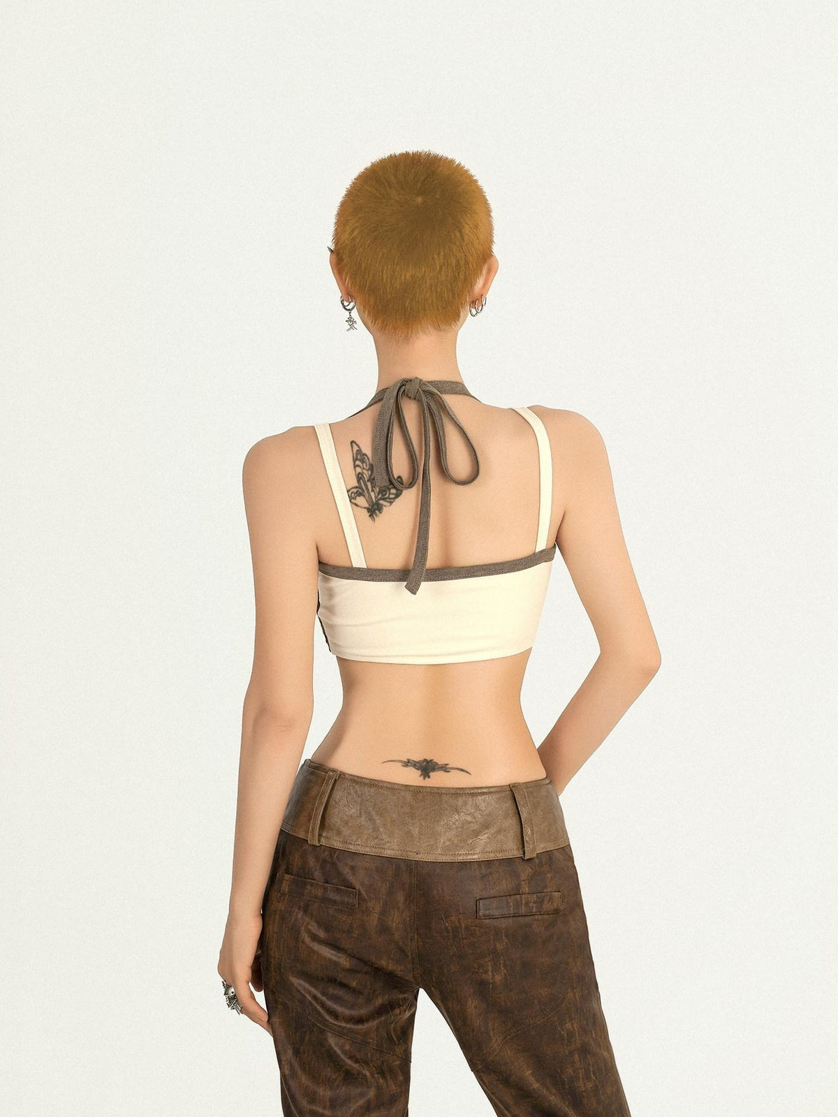 Nico Molly Apricot Colorblock Checked Cropped Halter Backless Women&