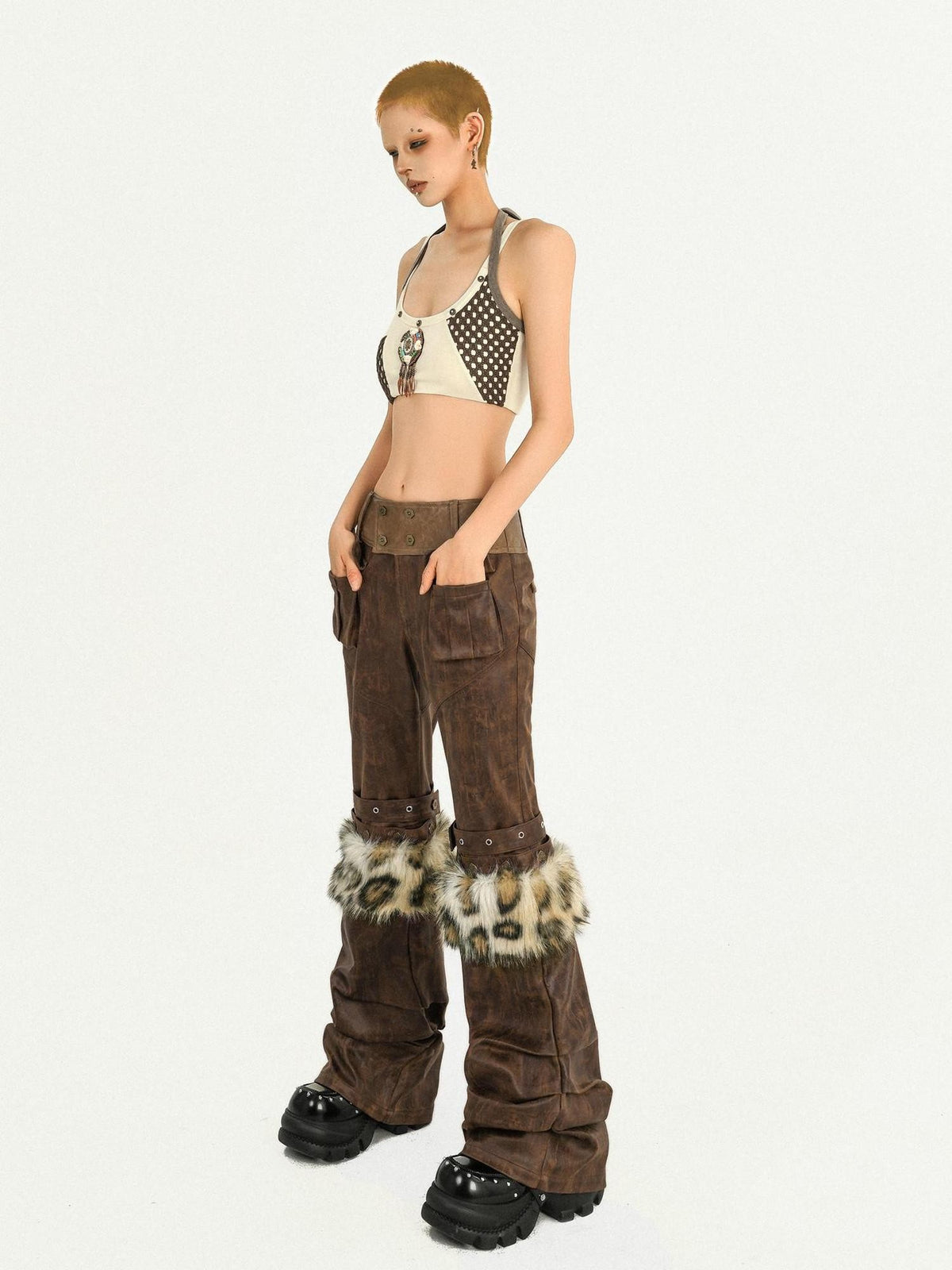 Nico Molly Apricot Colorblock Checked Cropped Halter Backless Women&