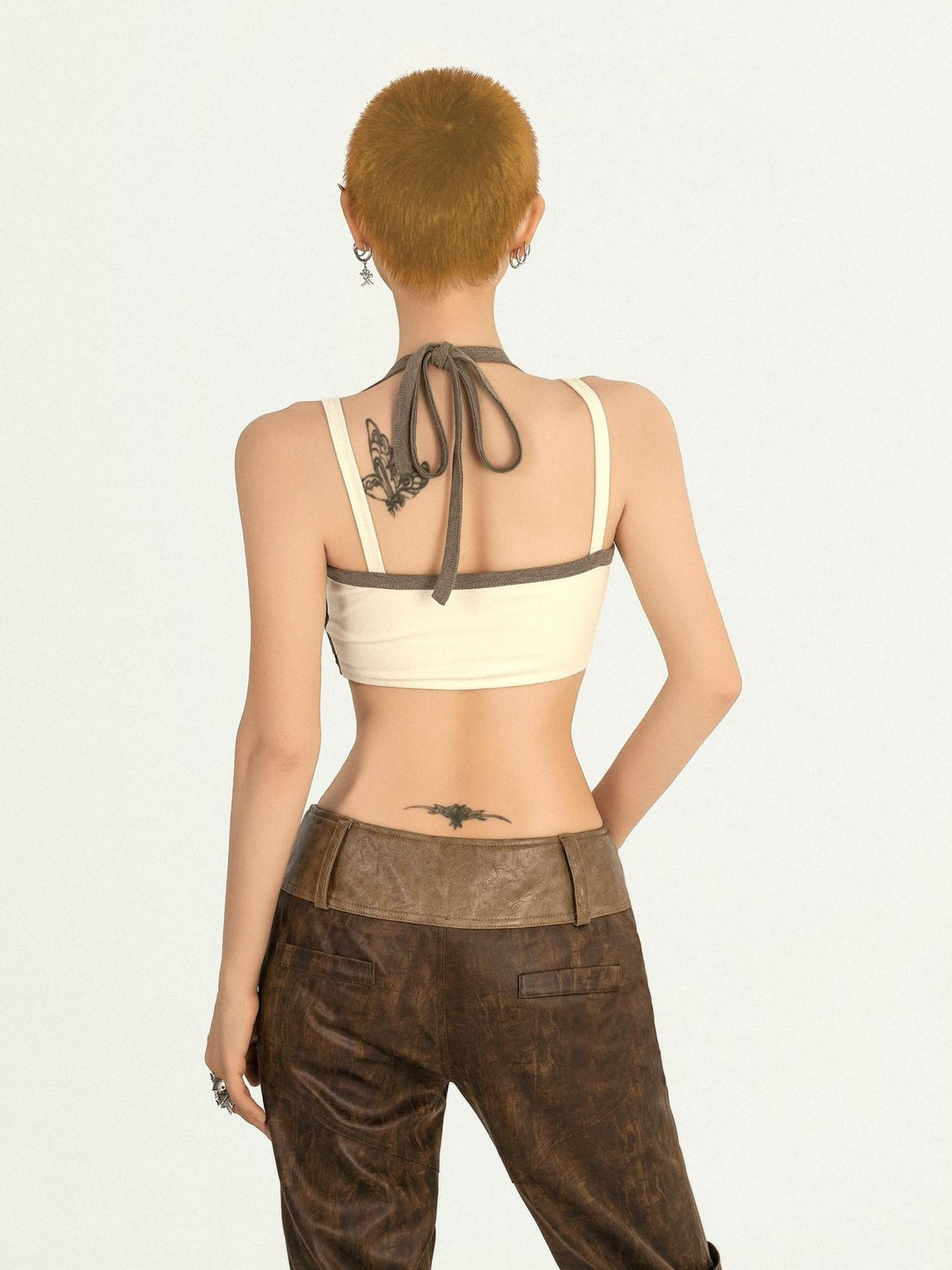 Nico Molly Apricot Colorblock Checked Cropped Halter Backless Women&