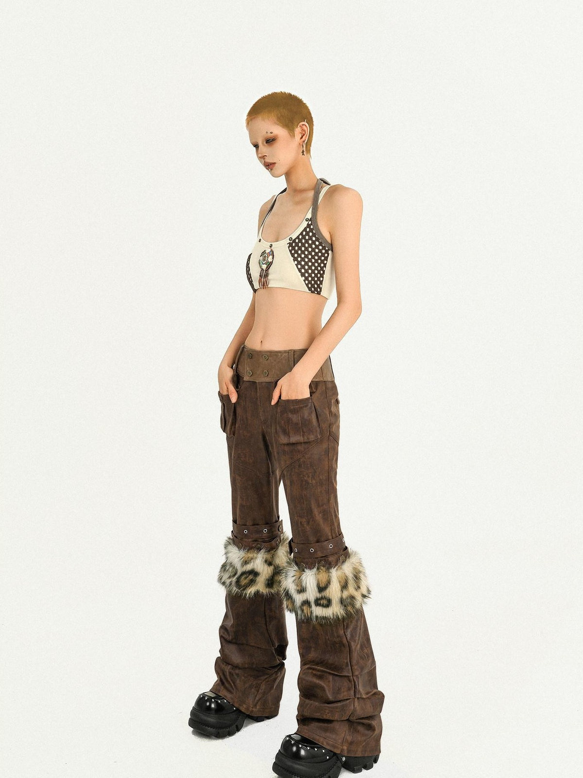 Nico Molly Apricot Colorblock Checked Cropped Halter Backless Women&