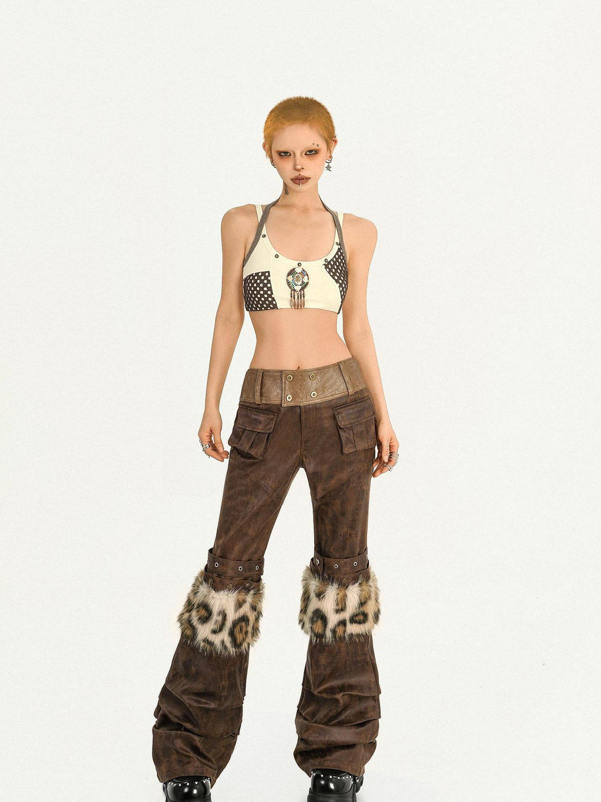 Nico Molly Apricot Colorblock Checked Cropped Halter Backless Women&