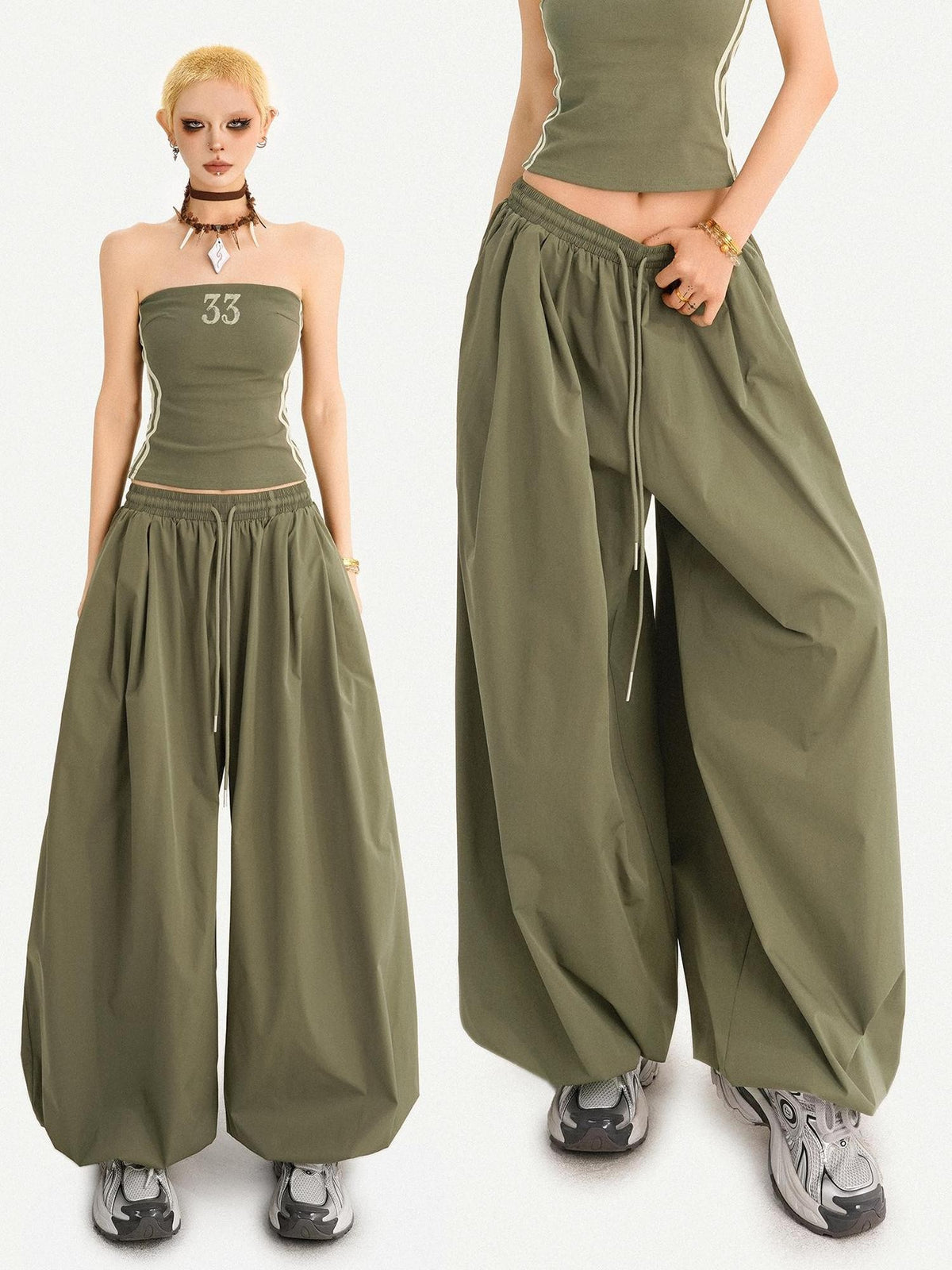 Nico Molly Army Green Slimming Elastic Waist Relaxed Lantern Women&