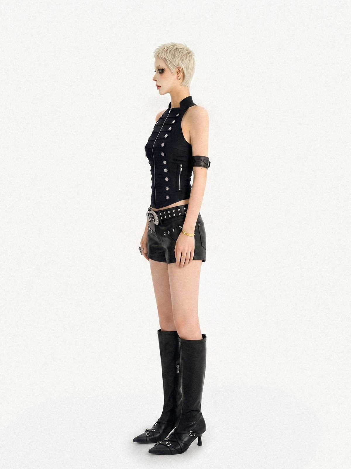 Nico Molly Black American Punk Double Row Buttons Zipper Sleeveless Slim Women&